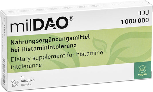 milDAO® \u2013 60 Vegan Tablets | DAO Enzyme Supplement for Histamine Intolerance | 1,000,000 HDU per Tablet | with Catalase | Lyophilized | Foil Pouch with Silica Gel for Maximum Stability
