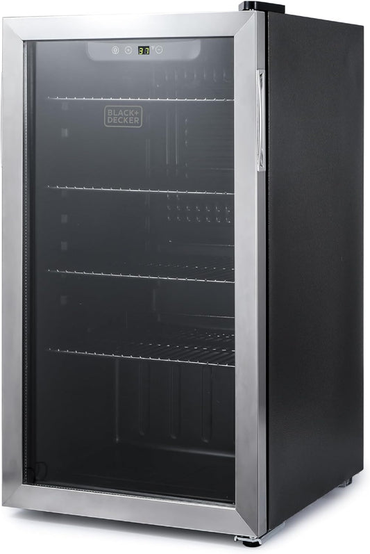 BLACK+DECKER 3.3 Cu. Ft. Beverage Cooler, Beverage Fridge with Double Pane Glass Door, Drink Fridge and Beverage Refrigerator with 112-Can Capacity for Home Bar and Home Office with LED Display
