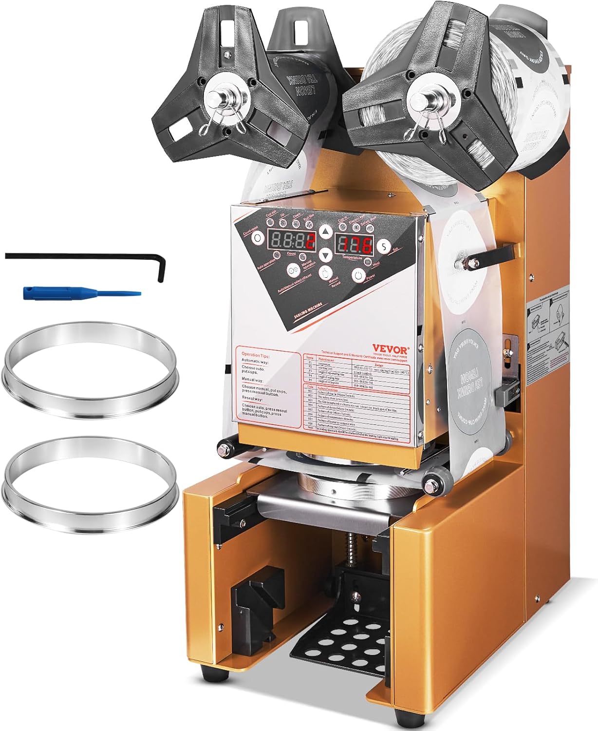 VEVOR Bubble Tea Machine, Fully Automatic Cup Sealing Machine, Electric Boba Machine 500-650 Cups\/H for 190 mm Tall & 90\/95 mm Cup with Digital Control LCD Panel for Bubble Milk Tea Coffee Gold