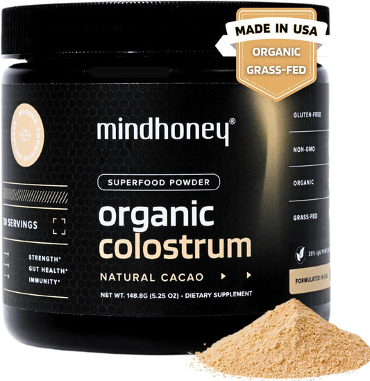 MINDHONEY Organic Colostrum | Premium Cacao Flavored Superfood Powder | Gut Health & Immunity, Skin & Hair, Anti-Aging, Performance & Recovery | Grass-Fed, Pasture-Raised | 30 Servings