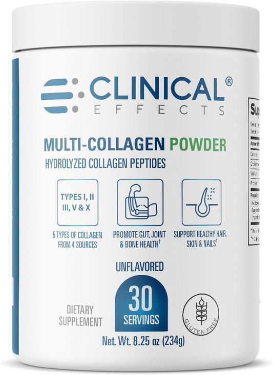 Clinical Effects Multi-Collagen Powder - Collagen Dietary Supplement - 8oz - 30 Servings - 5 Types of Quality-Sourced Multi-Collagen to Support Joint, Bone, Skin and Nail Health - Fast Absorption