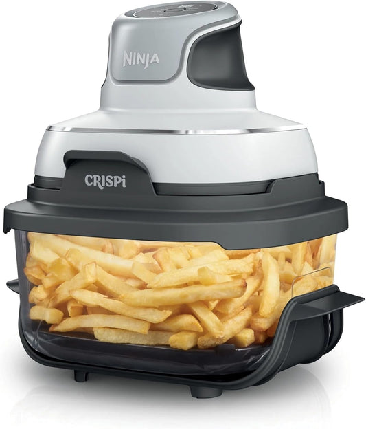 Ninja Crispi 3-in-1 Portable Cooking System-1500W Compact Air Fryer, 4 QT Borosilicate Glass, Lid, Crisper Plate, Oil-Free Frying, Easy Storage, Cook, Serve & Store -White