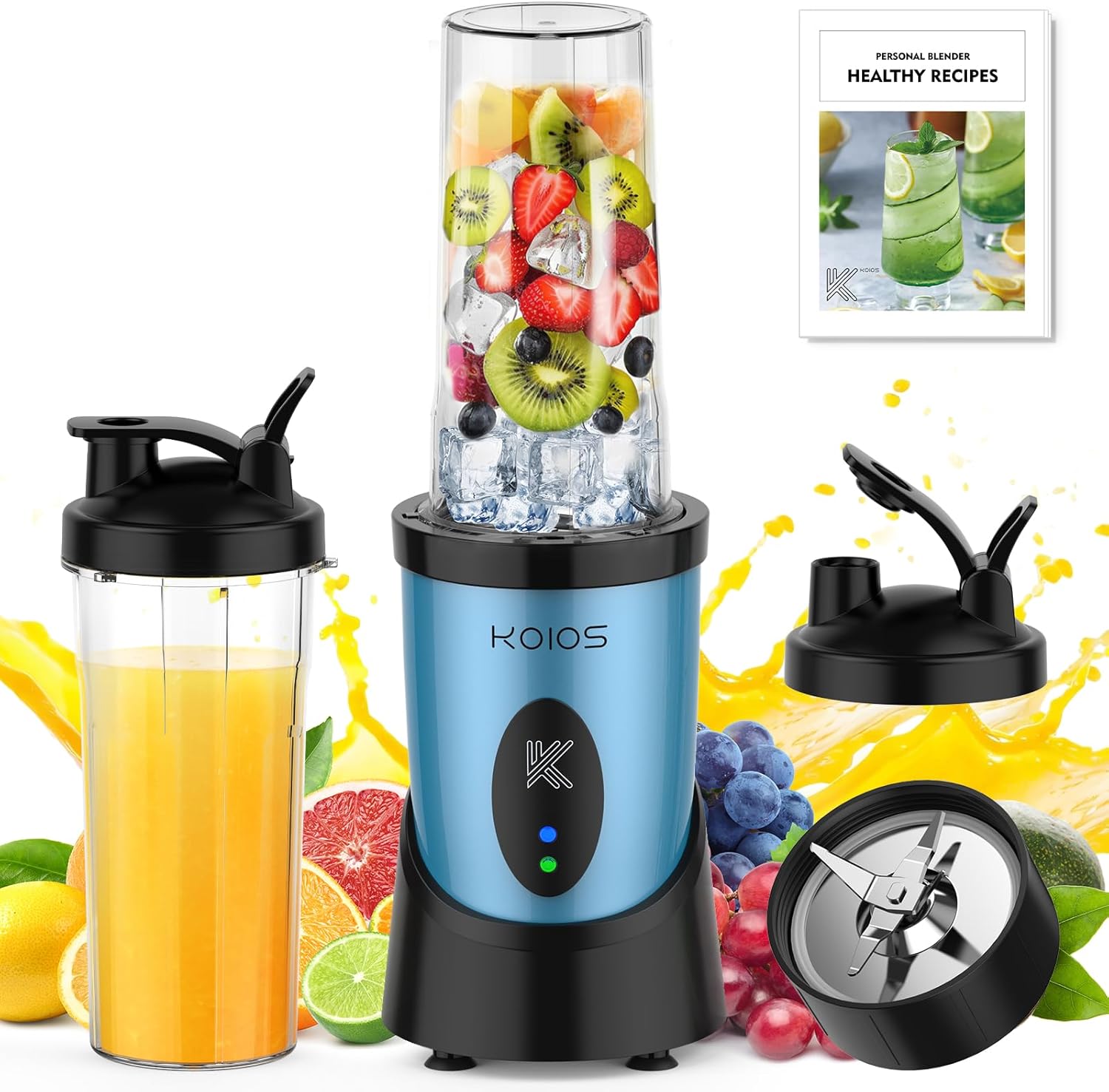 KOIOS Blender for Smoothies, Peak 900W Personal Blender for Kitchen Shakes and Smoothies, with 2×22oz Portable Cups and To-Go Lids, Detachable 4-Leaf Stainless Steel Blade, Nutrition Recipe, Blue