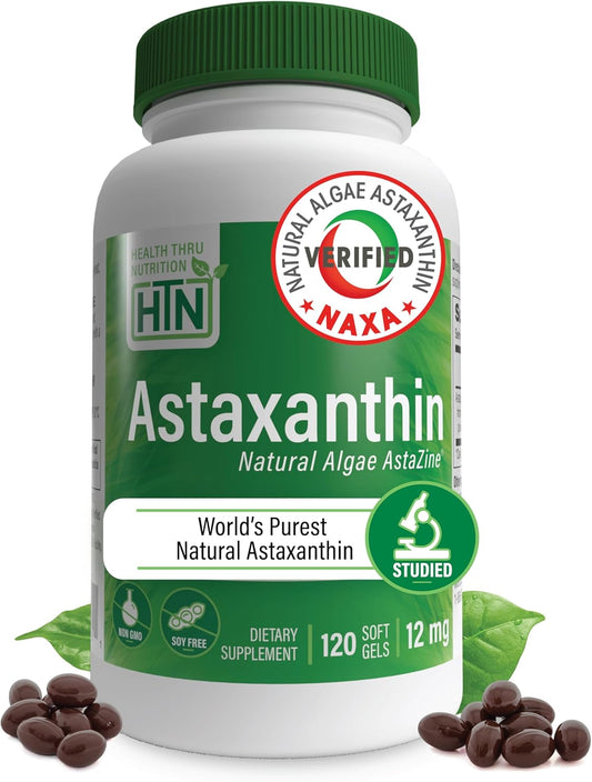 Health Thru Nutrition Astaxanthin Triple Strength 12mg Supplement 120 Softgels | AstaZine from Algae Organically Grown in Pristine Himalayan Water | Skin and Vision Support