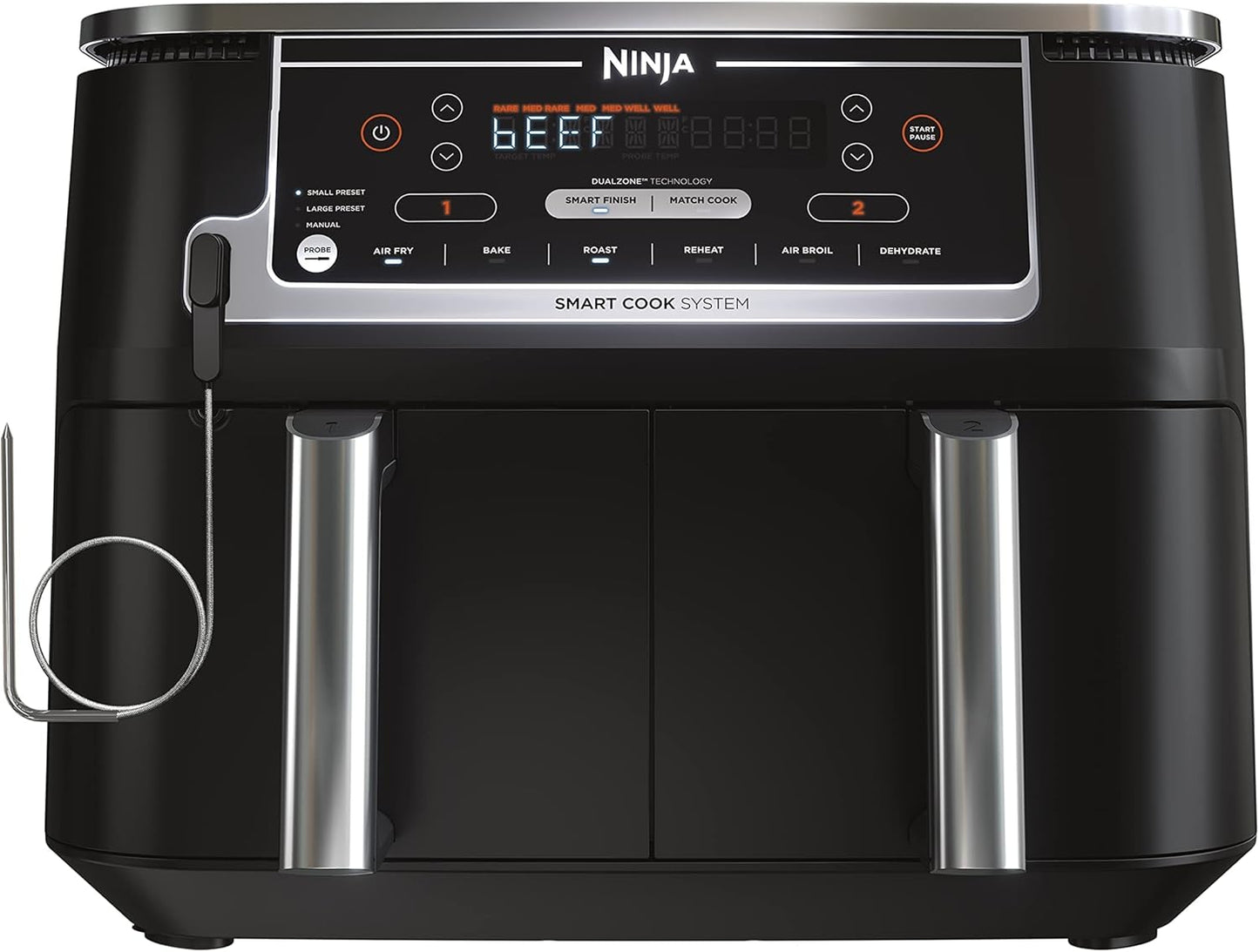 Ninja DZ550 Foodi 10 Quart 6-in-1 DualZone Smart XL Air Fryer with 2 Independent Baskets, Smart Cook Thermometer for Perfect Doneness, Match Cook & Smart Finish to Roast, Dehydrate & More, Grey (Renewed)