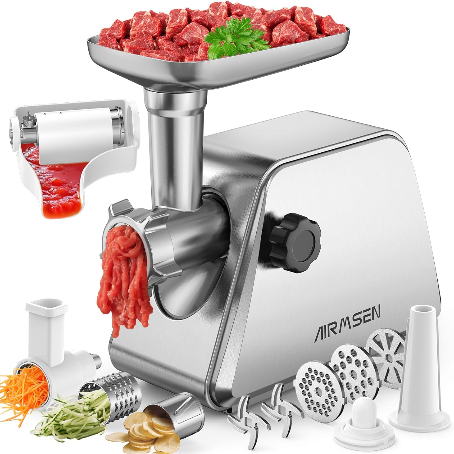 \u200B\u200BAIRMSEN Electric Meat Grinder & Tomato Sauce Press Maker with Strainer - Heavy Duty Food Mill Machine for Grinding Meat, Making Tomato Sauce, Sausage, Kibbeh for Home Kitchen\u200B Use