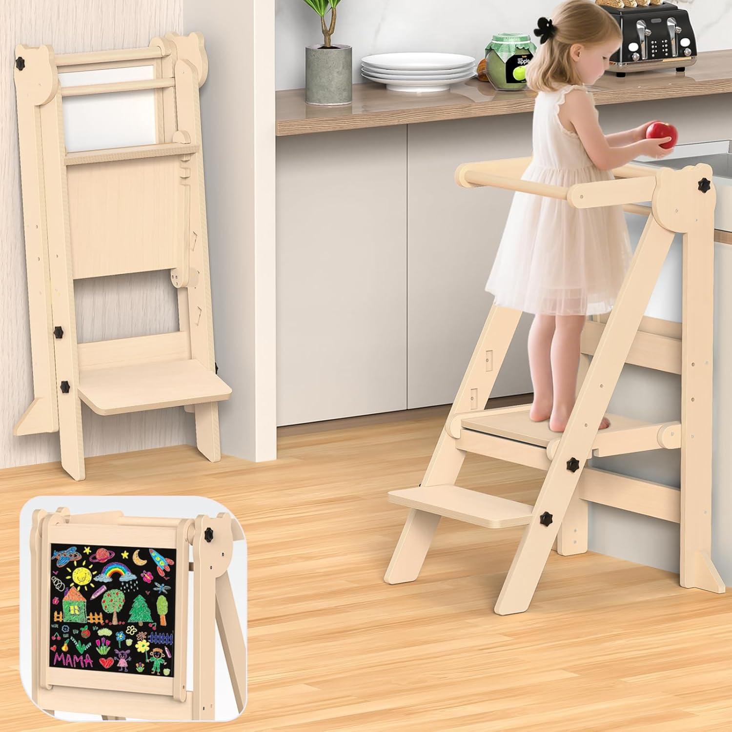 Foldable Toddler Tower, Wooden Toddler Kitchen Stool Helper with 3 Adjustable Heights and Removable White/Blackboard, Montessori Foldable Learning Tower Kitchen Stool Helper, Natural Wood