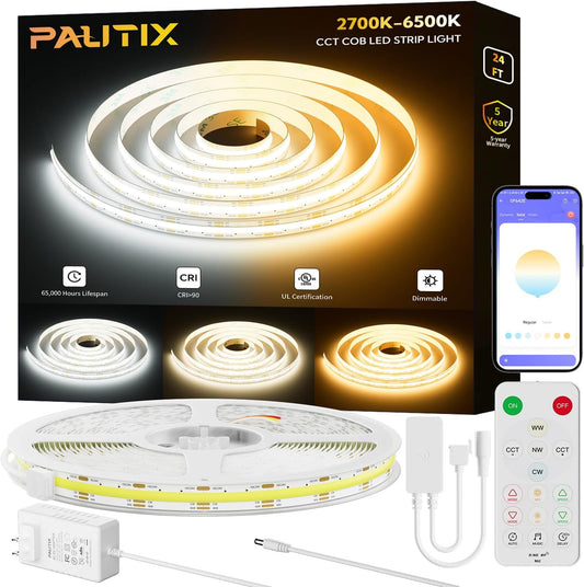 PAUTIX COB LED Strip Light 2700K-6500K CCT Tunable White 24ft UL-Listed Super Bright Dimmable CRI90+ 24V LED Tape Light with APP Control,Under Cabinets Bedroom Kitchen DIY Lighting Decor Projects