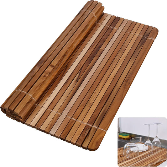 HTB Over Sink Dish Drying Rack 17.8'' x 16.1, Kitchen Teak Wood Roll Up for Dishes,Plates, Bowls, Wooden Cover Counter Space