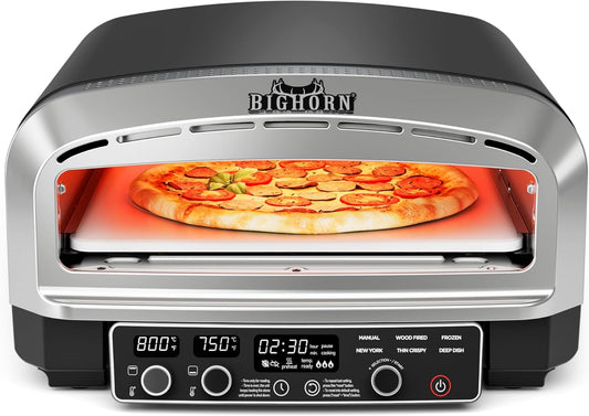 BIG HORN OUTDOORS Pizza Oven Indoor, 14 Inch Electric Countertop Pizza Oven with 6 Preset Modes, Perfect Pizza Maker Machine for Home, Pizza Cooker with Pizza Stone and Pizza Peel, Stainless Steel