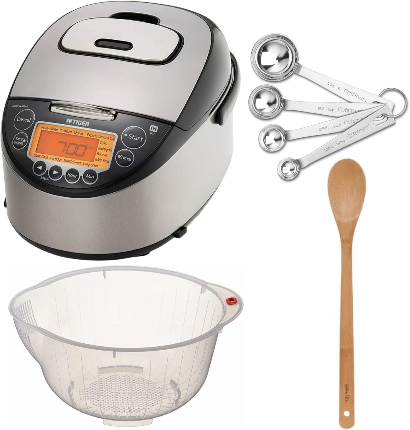 Tiger JKT-D18U 10-Cup Induction Heating Rice Cooker Bundle with Rice Washing Bowl, Bamboo Spoon and Measuring Spoons (4 Items)