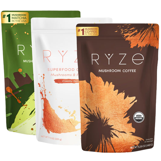 RYZE SUPERFOODS Ultimate Energy Bundle, USDA Organic Mushroom Coffee & Mushroom Matcha + Probiotic Creamer with 6 Adaptogenic Mushrooms for Better Energy, Focus, Digestion, Immunity, 30 serving each
