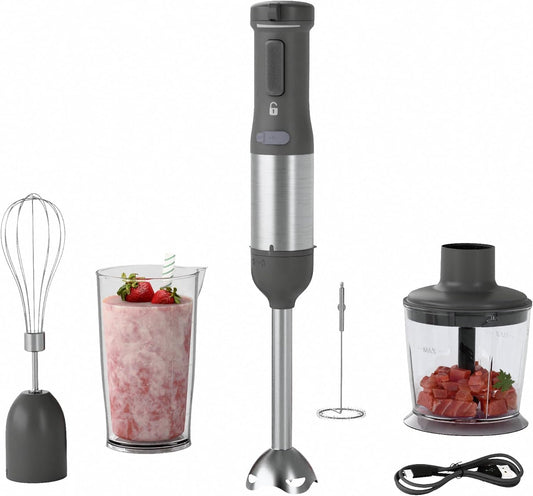WHUTO Cordless Immersion Hand Blender, 5-in-1 Variable Speed blender handheld,Rechargeable with 2000mAh Battery, BPA-Free & Dishwasher-Safe Accessories:700ml Beaker,Chopper,Whisk & Milk Frother,Grey