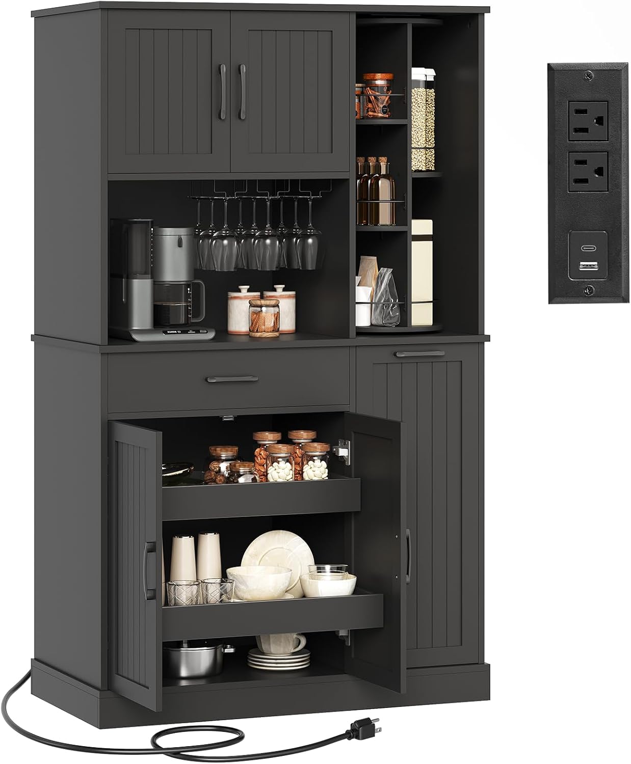 Kitchen Pantry Cabinet with Charging Station, Modern Food Pantry Cabinets with 360° Rotating Shelf and Sliding Storage Rack, Large Storage Drawer for Dining Room, Kitchen, Black
