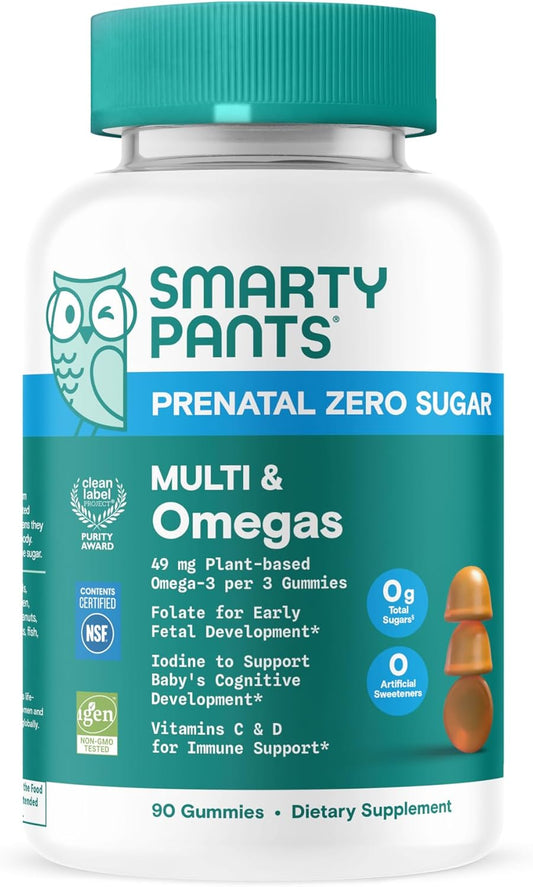 SmartyPants Zero Sugar Prenatal Multivitamin Gummies: Choline, Methylfolate, Omega 3 (ALA), Vitamin D3, C, Vitamin B12, B6, A, K, Zinc, Biotin, Gluten Free, No Sugar Alcohols, 90 Count (30 Day Supply)