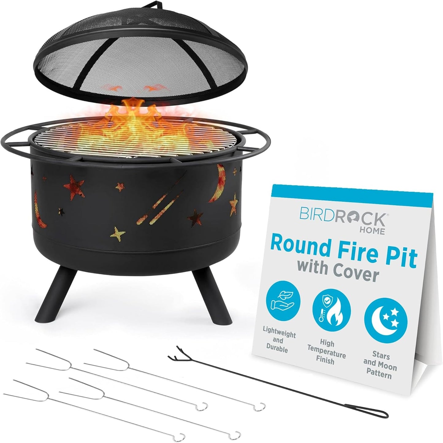 BIRDROCK HOME 30″ Round Wood-Burning Fire Pit – Portable Outdoor Patio & Garden Fire Bowl with Stars & Moon Cut-Outs, Spark Screen, Built-in Grate, 4 Roasting Sticks & Fire Poker - Black