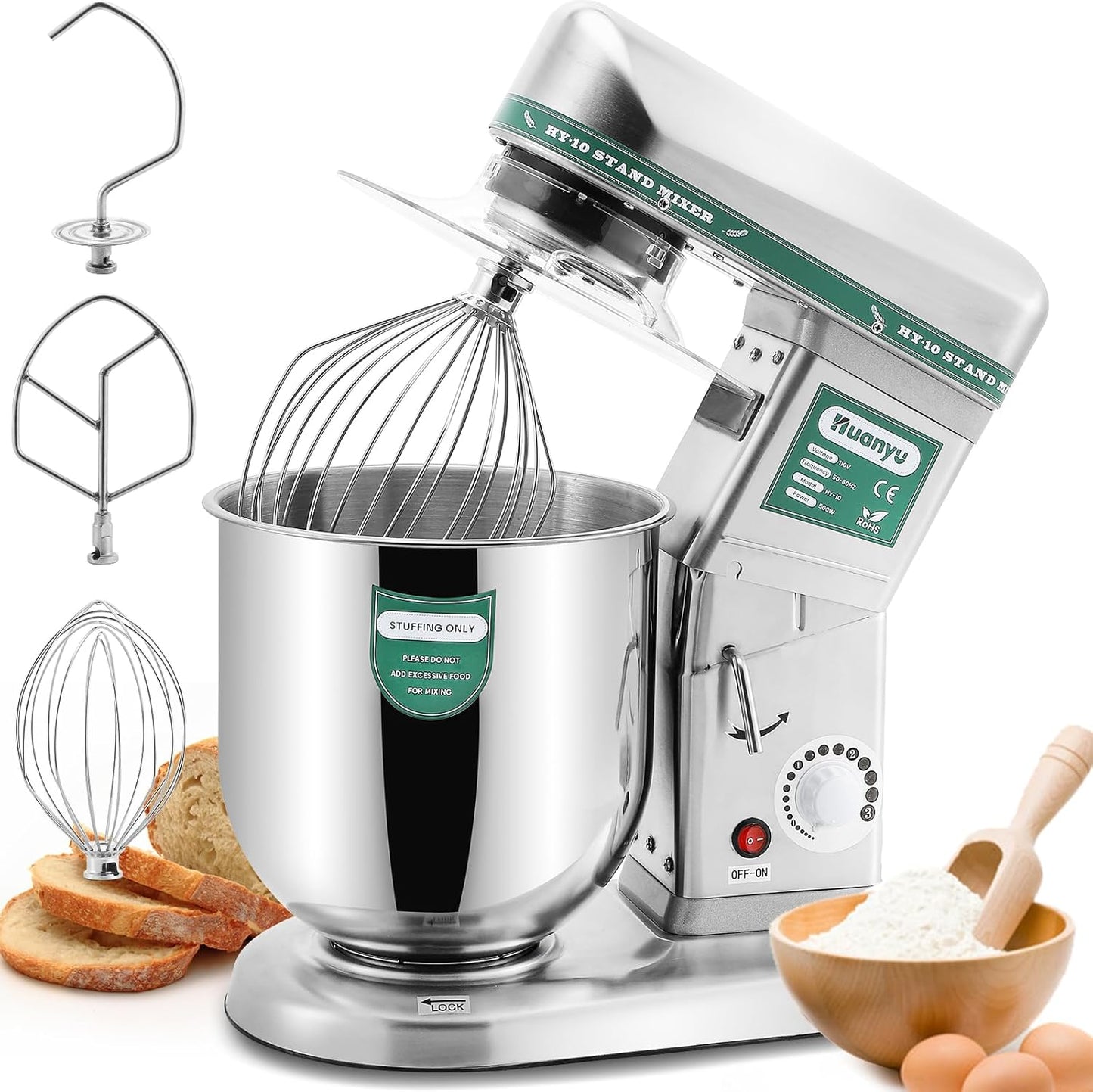 Huanyu Commercial Stand Mixer 10QT 500W Electric Dough Blender with Stainless Steel Bowl 3-in-1 Multifunctional Food Mixing Machine Dough Hook Flat Beater Whisk 110v