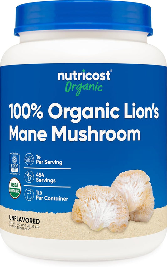 Nutricost Organic Lion's Mane Mushroom Powder 1LB - Certified USDA Organic