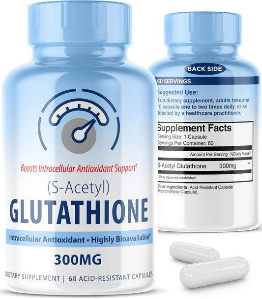 S-Acetyl L-Glutathione 300mg – 60 Acid-Resistant Capsules, High Bioavailability S Acetyl Glutathione Supplements for Liver & Skin Health, Supplement Antioxidant Support Capsules