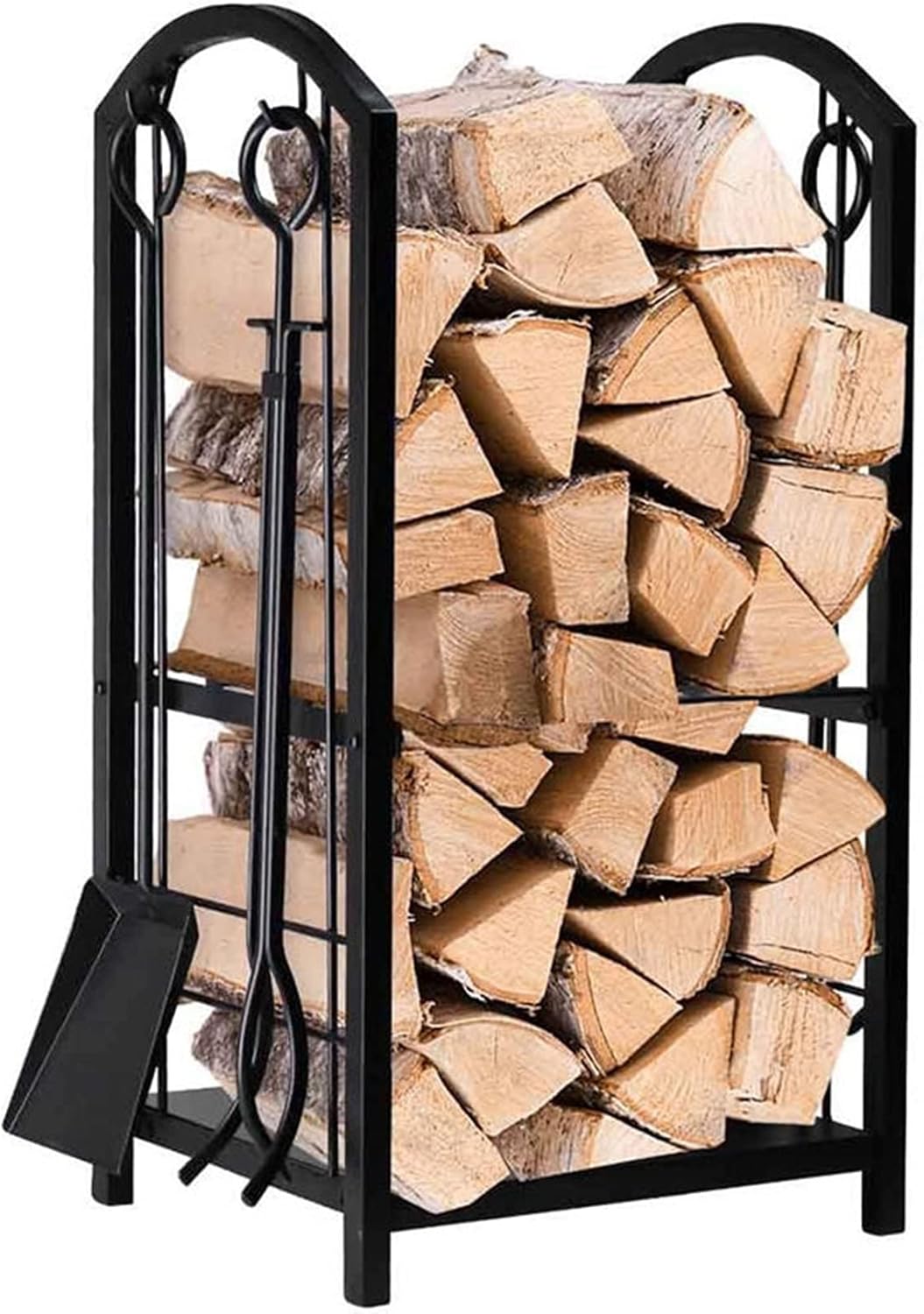 29 Inch High Firewood Rack 2-Layer Wood Holder with 4 Fireplace Hooks Tool Set Wrought Iron Fireplace Wood Storage Stacking Rack for Indoor and Outdoor