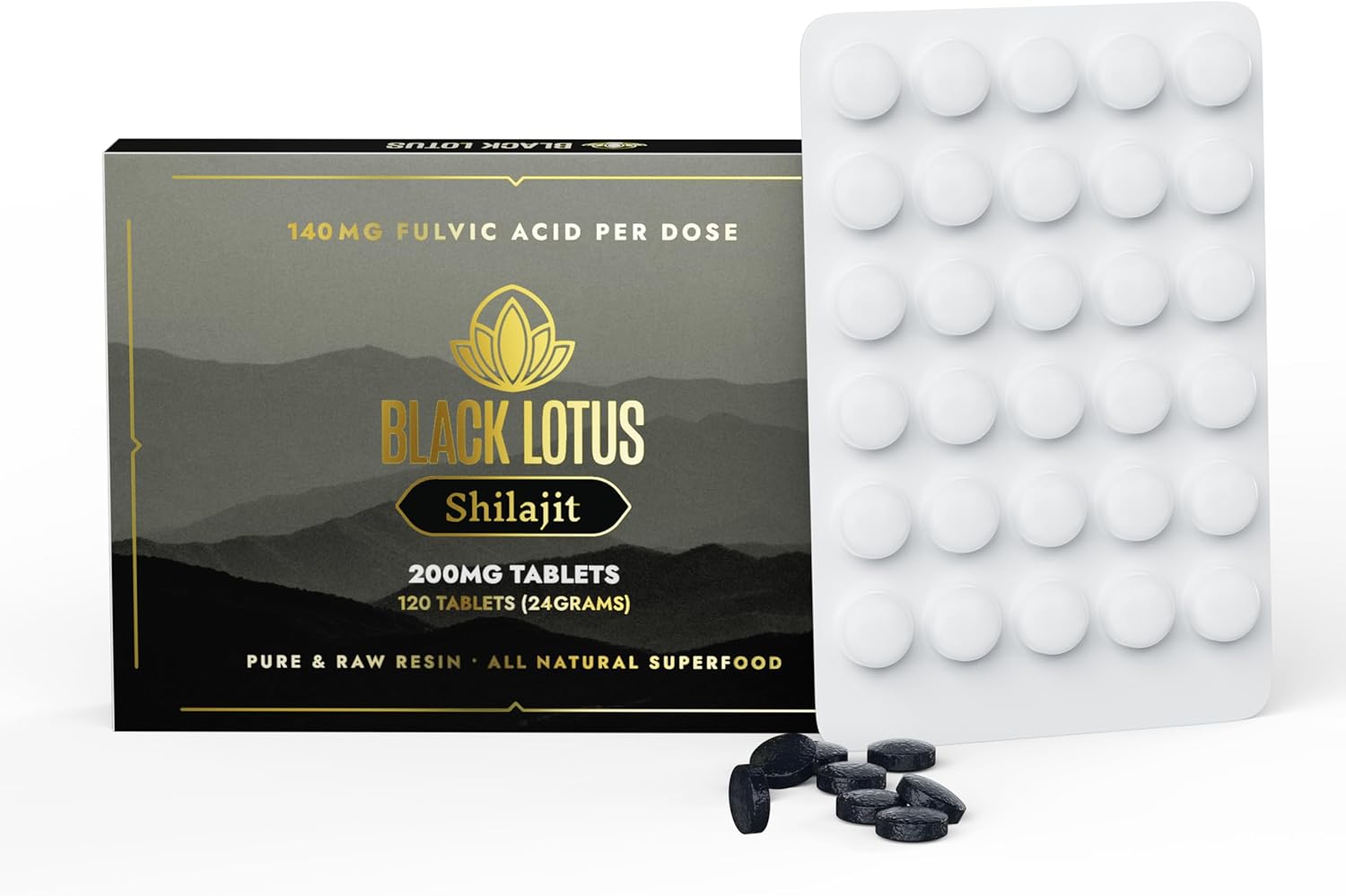Black Lotus Shilajit Resin Tablets, 120 Count, 200mg Each, 100% Pure Natural Shilajit for Men & Women with Amino Acids, 140mg Fulvic Acid, 85 Ionic Trace Minerals, for Immune Support, Focus, Energy