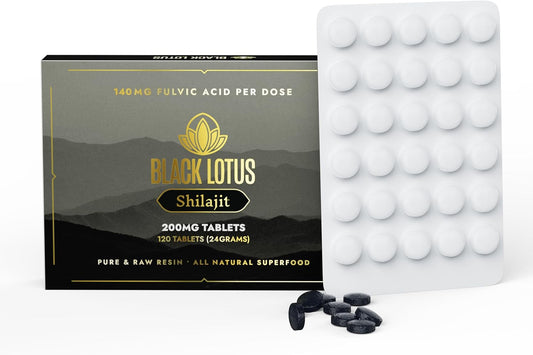 Black Lotus Shilajit Resin Tablets, 120 Count, 200mg Each, 100% Pure Natural Shilajit for Men & Women with Amino Acids, 140mg Fulvic Acid, 85 Ionic Trace Minerals, for Immune Support, Focus, Energy