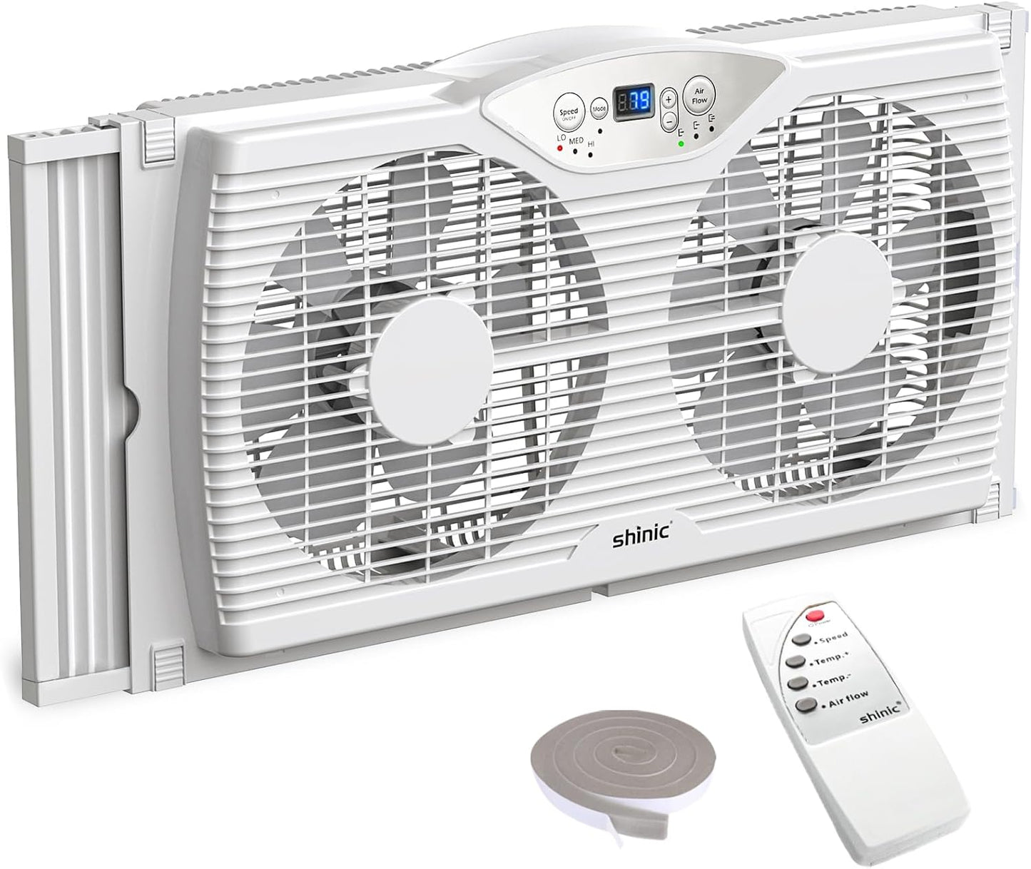 shinic Twin Window Fan with Reversible Airflow, Thermostat Controlled, 3 Speeds & 3 Functions(Exhaust, Intake & Circulate), 23.8" - 37" Expandable Width for Home Kitchen Use