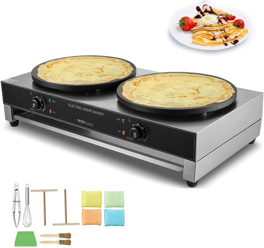 VEVOR Electric Crepe Maker, 16-Inch Double Head Commercial Crepe Machine, 3400W Flat Plate Crepe Griddle, Nonstick Stainless Steel Pancake Making, Desktop Circular Cereals Pancake Stove, AC120V 60Hz