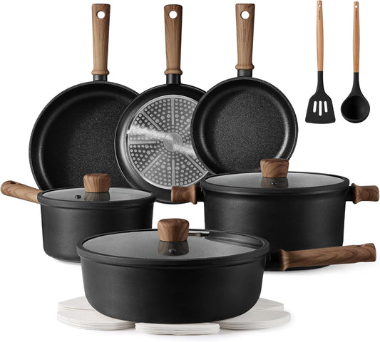 CAROTE Nonstick Pots and Pans, Induction Cookware Set Kitchen Cooking Sets, Non Stick w\/Frying Pan (PFOS, PFOA Free), Black, 16pcs