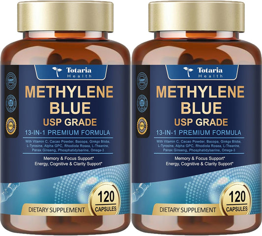 2Pack USP Methylene Blue Pharmaceutical Grade, 13 in 1 Upgrade Patented Brain Formula with Vitamin C Ester, Bacopa, Phosphatidylserine - Memory, Focus, Clarity, Cognitive, 240 Count