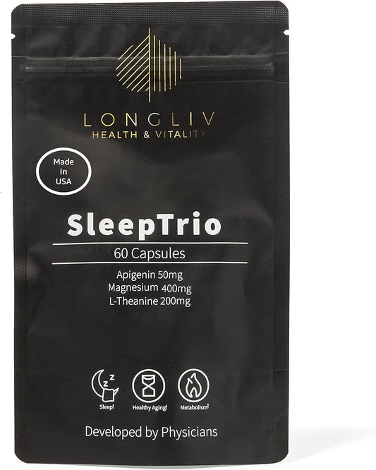 Sleep Trio - Made in USA Magnesium Apigenin L-Theanine Capsules – Premium 3-in-1 Cocktail for Sleep Management - Sleep Cocktail – Without Melatonin - 60 Capsules