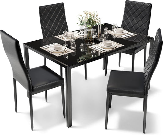 Sino Salected Dining Table Set for 4, Kitchen Table and Chairs Set of 4, 5 Piece Modern Dining Room Table Set with Tempered Glass Top and PU Leather Chairs for Small Space, Apartment, Black