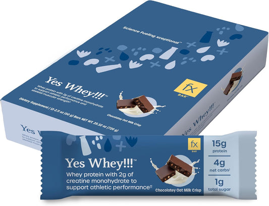 Fx Yes Whey Bar - 15g Whey Protein Bar with Creatine to Support Muscles, Energy & Peak Performance - 1g Sugar + 4g Net Carbs - Soy-Free Chocolate Oat Milk Crisp Flavor Protein Snack (12 Bars)