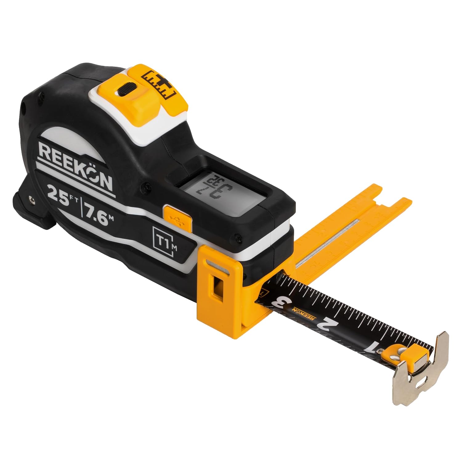 REEKON T1M Utility Digital Tape Measure 25ft (English) – Bluetooth Smart Measuring Tool, 1/32” Accuracy, Saves 1000+ Measurements, LCD Display, 150 Hour+ Battery Life & Rechargeable