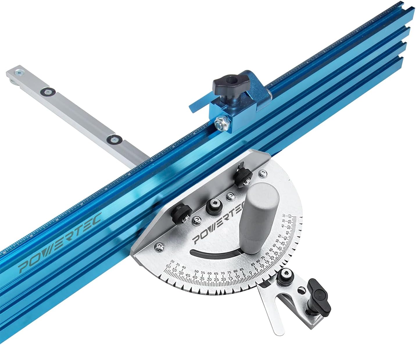 POWERTEC Precision Table Saw Miter Gauge System w\/ 27 Angle Stops and 3\/4" x 3\/8" T-Slotted Miter Bar w\/Removable T-Slot Plate, Includes 24" x 3" Multi T\u2013Track Fence w\/Scale, T-track Flip Stop, 71391V