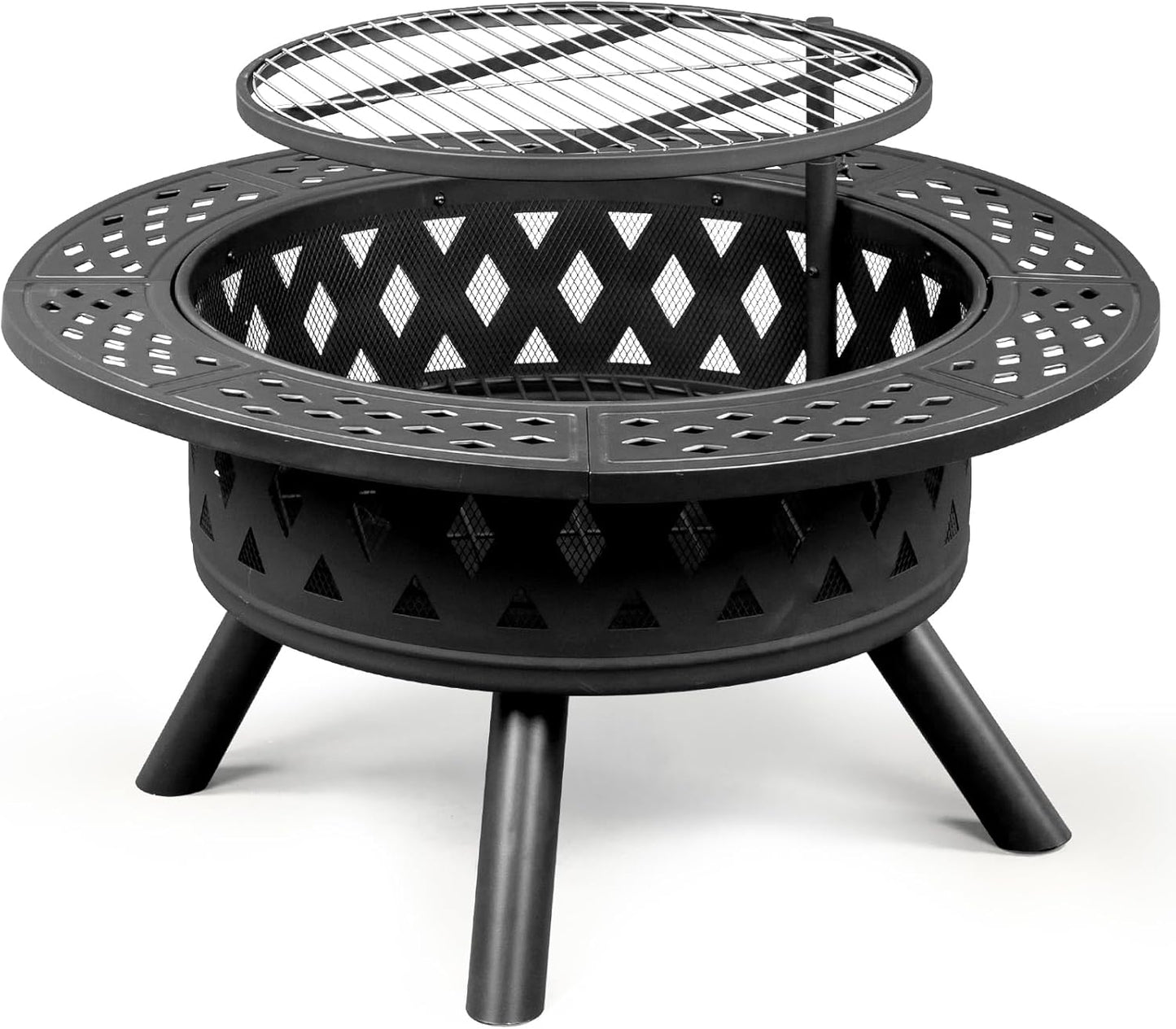 38-inch Black Metal Fire Pit with Adjustable Cooking Grates - Large Outdoor Wood-Burning Bonfire Pit for Patio, Backyard & Garden Gathering​