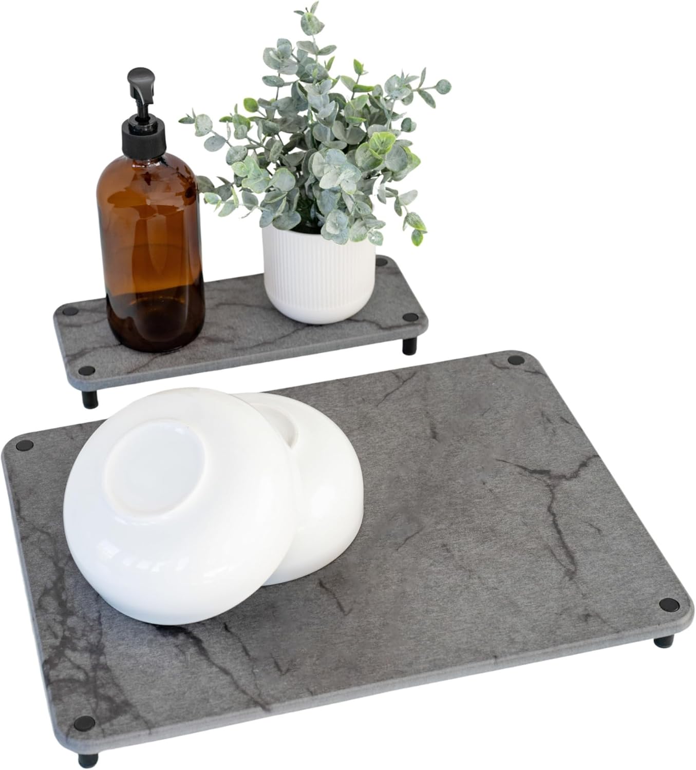 Stone Drying Mat for Kitchen Counter 15.7" x 11.8" w/ Stone Sink Tray - Diatomaceous Earth Dish Drying Mat w/ 8 Screw Legs - Water Absorbing Kitchen Sink Tray