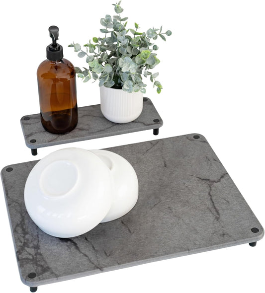 Stone Drying Mat for Kitchen Counter 15.7" x 11.8" w/ Stone Sink Tray - Diatomaceous Earth Dish Drying Mat w/ 8 Screw Legs - Water Absorbing Kitchen Sink Tray