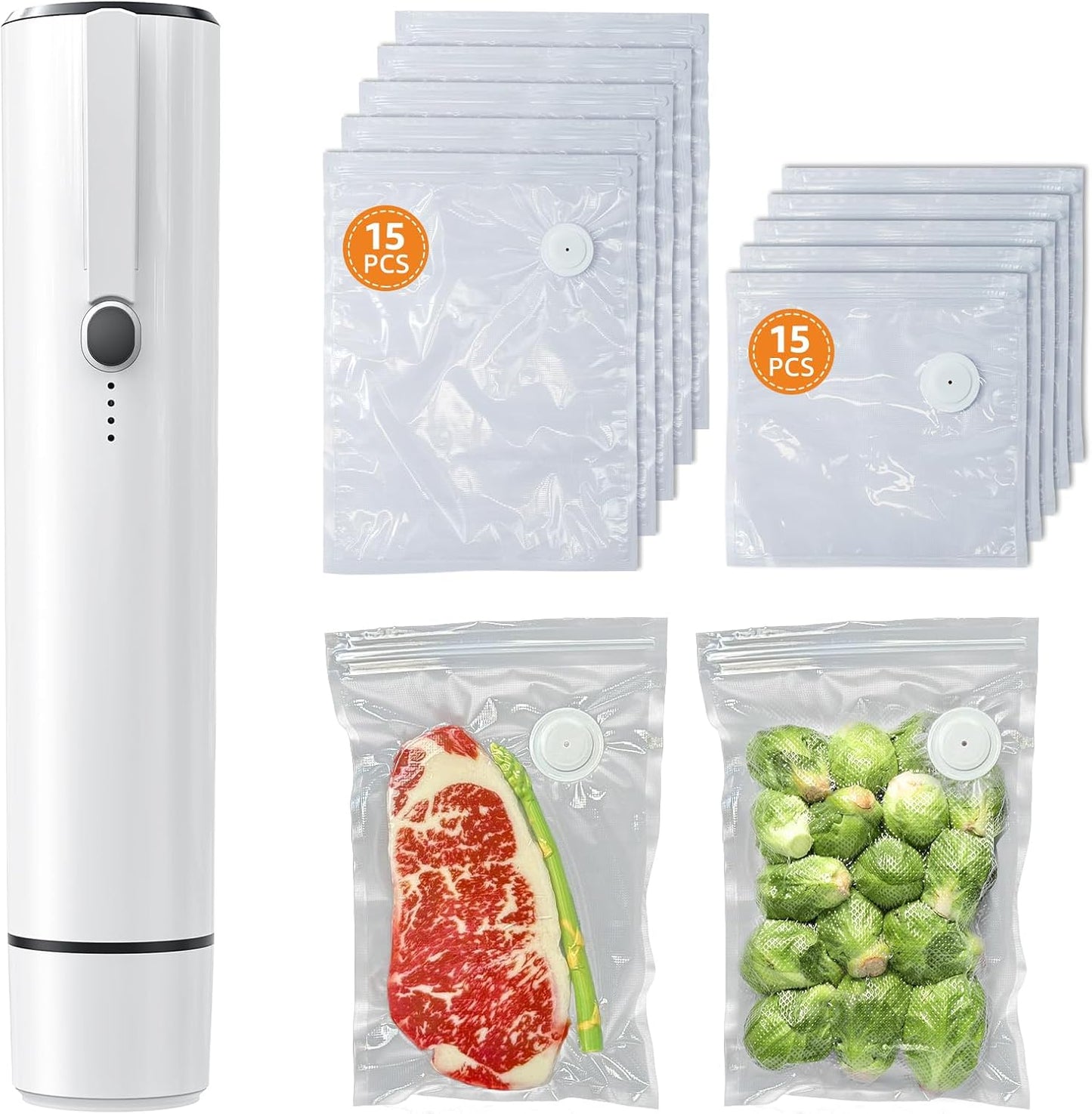 [2025 New Version] Kulukulu Vacuum Sealer Set, Portable Vacuum Sealer Machine for Food Storage and Sous Vide + 30 Reusable Vacuum Seal Bags(15 Medium Size + 15 Big Size)