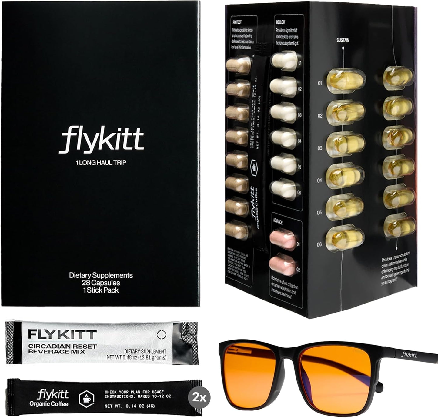 Flykitt Jet Lag Prevention System | Flight Essentials with App-Controlled Personalized Supplement Schedule and Blue Light Filtering Glasses | Prevent Jet Lag for a Full Roundtrip