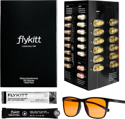 Flykitt Jet Lag Prevention System | Flight Essentials with App-Controlled Personalized Supplement Schedule and Blue Light Filtering Glasses | Prevent Jet Lag for a Full Roundtrip