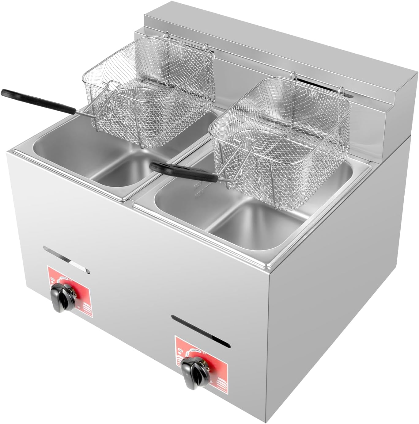 Stainless Steel Deep Fryer with Frying Baskets and Lid, 12.7QT\/12L Capacity Countertop Deep Fryer Oil Frying Pot Kitchen Frying Machine Table Snack Fryer Double Cylinder Gas Fryer (LPG)