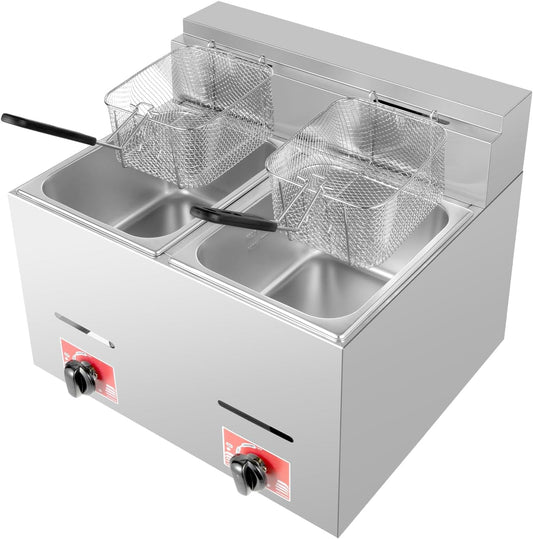Commercial Countertop Gas Fryer with Baskets, 2 * 6L Deep Fryer Pot Stainless Steel Kitchen Oil Fryer,Lpg Fryer Fast Heating Fryer Set for Restaurant Home Kitchen Indoor and Outdoor(2 Baskets)