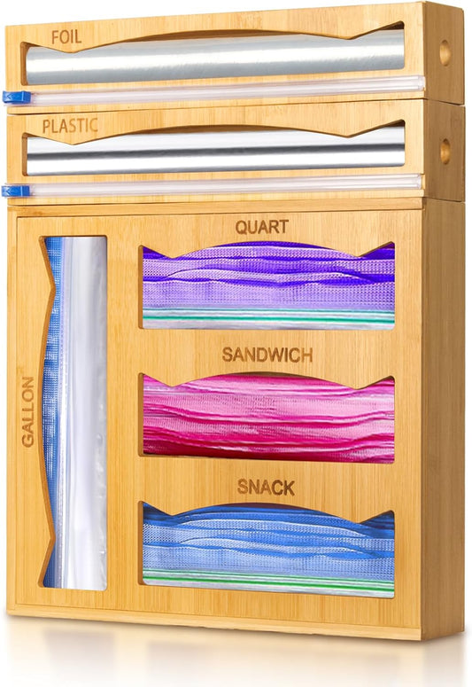 WHOMASS 6-in-1 Magnetic Bamboo Drawer Organizer for Food Bags and Wraps Adjustable Compartment Storage with Dispenser and Cutter Fits Gallon Quart Sandwich and Snack Sizes