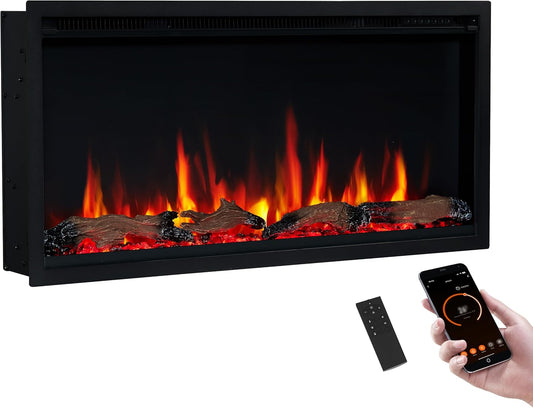 PuraFlame Herman 36 Inch Smart Linear Electric Fireplace - Premium Flame with 9 Colors, Clean Design, Recessed in-Wall or Wall-Mount or Free Standing, Compatible with Alexa and Google Assistant