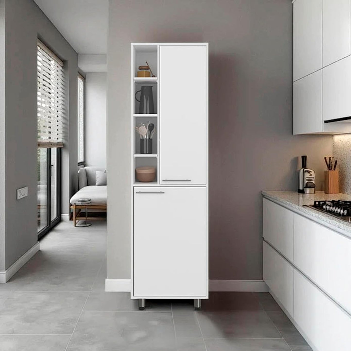 DSHADE Modern Kitchen Pantry Cabinet with Dual Open & Closed Shelving, Space-Saving White Storage Furniture for Organizing Appliances, Jars & Containers (80.3" H x 23.1" W x 33.3" D)