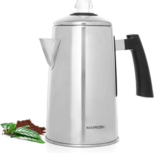 Mixpresso Stainless Steel Coffee Percolator Stovetop, 52 oz Classic Percolator Coffee Pot, Great For Camping Pot, 12 Cup Stove Top Espresso Maker, Cool-Touch Handle