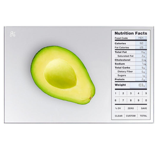 Greater Goods Nutrition Scale (Non\u2011Connected) \u2013 Food Grade Glass, 2,000 Food Codes Preloaded, Compact (9.33"x6.02"x0.91") for Portion Control & Meal Prep