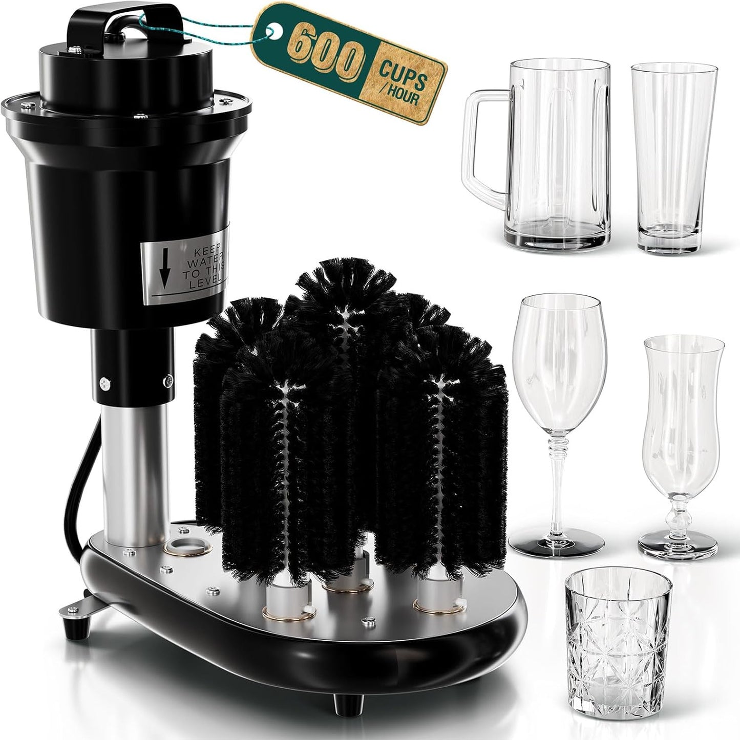 WantJoin Commercial Glass Washer - 5-Brush Electric Wine Glass Cleaner for Bars, Cafés & Restaurants, Countertop Glassware Cleaning Machine with Adjustable Temperature