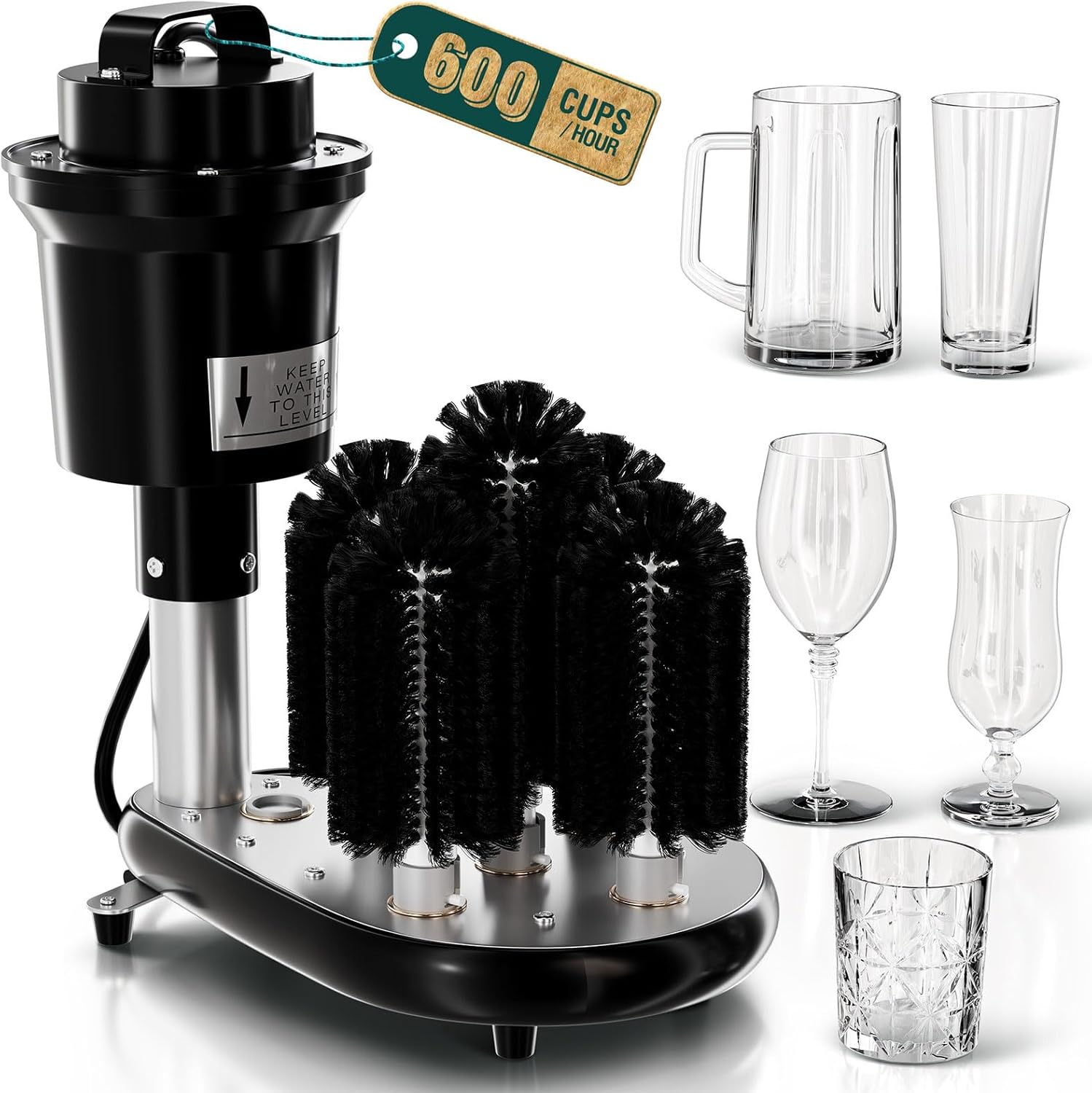 WantJoin Commercial Glass Washer - 5-Brush Electric Wine Glass Cleaner for Bars, Cafés & Restaurants, Countertop Glassware Cleaning Machine with Adjustable Temperature